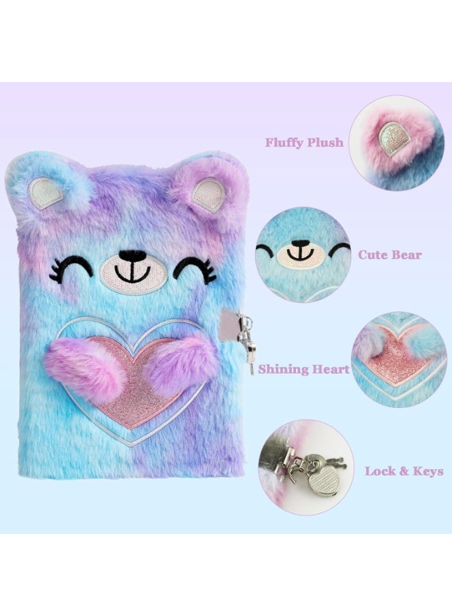 YelaJoy Fuzzy Bear Diary Notebook, Diary with Lock and Tie-Dye, Secret Lock Diary for Writing and Drawing, Hardcover Fluffy Bear Secret Diary for Kids - Image 4